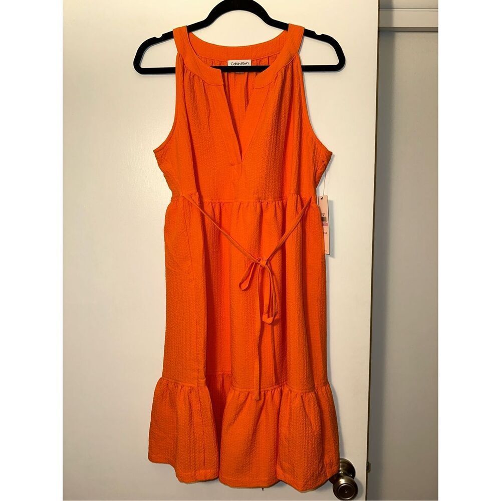 Calvin Klein Women’s Orange Textured Ruffle Tie Waist Tank Dress Size 6 NWT
